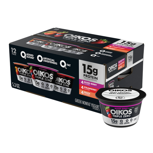 Oikos Triple Zero Strawberry, Mixed Berry and Peach Nonfat Greek