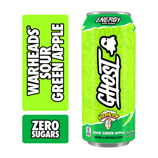カホン　アップルグリーン　E Ghost Zero Sugar Energy Drink, Warheads Sour Green Apple, 16 fl oz