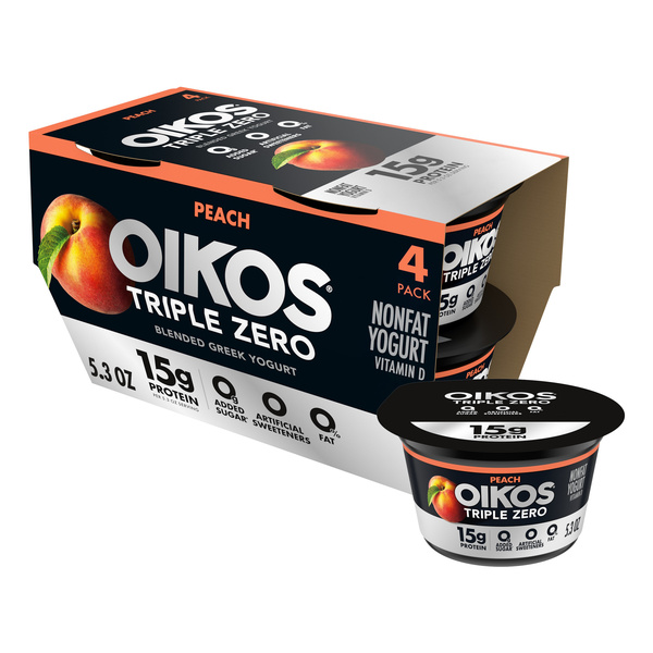 Oikos Triple Zero Peach Nonfat Greek Yogurt, 5.3 oz. (4 pack) | Hy