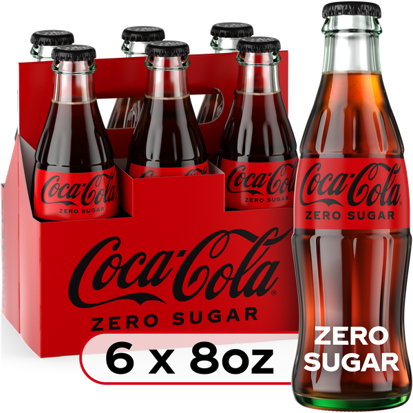 Coca-Cola Zero Sugar Soda Soft Drink Glass Bottles, 8 fl oz, 6