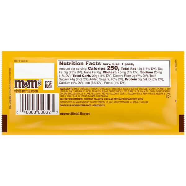 M&M'S Peanut Milk Chocolate Candy, Full Size, 1.74 oz Pouch | Hy